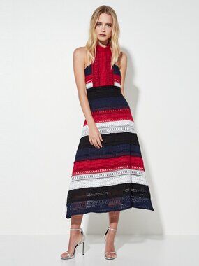 MOSSMAN Patriot Lace A-Line Midi Dress Red Navy Stripes Print Size US 6